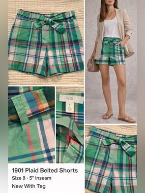 1901 Nordstrom Plaid Belted Shorts Size 8 High Rise Green Preppy NWT
